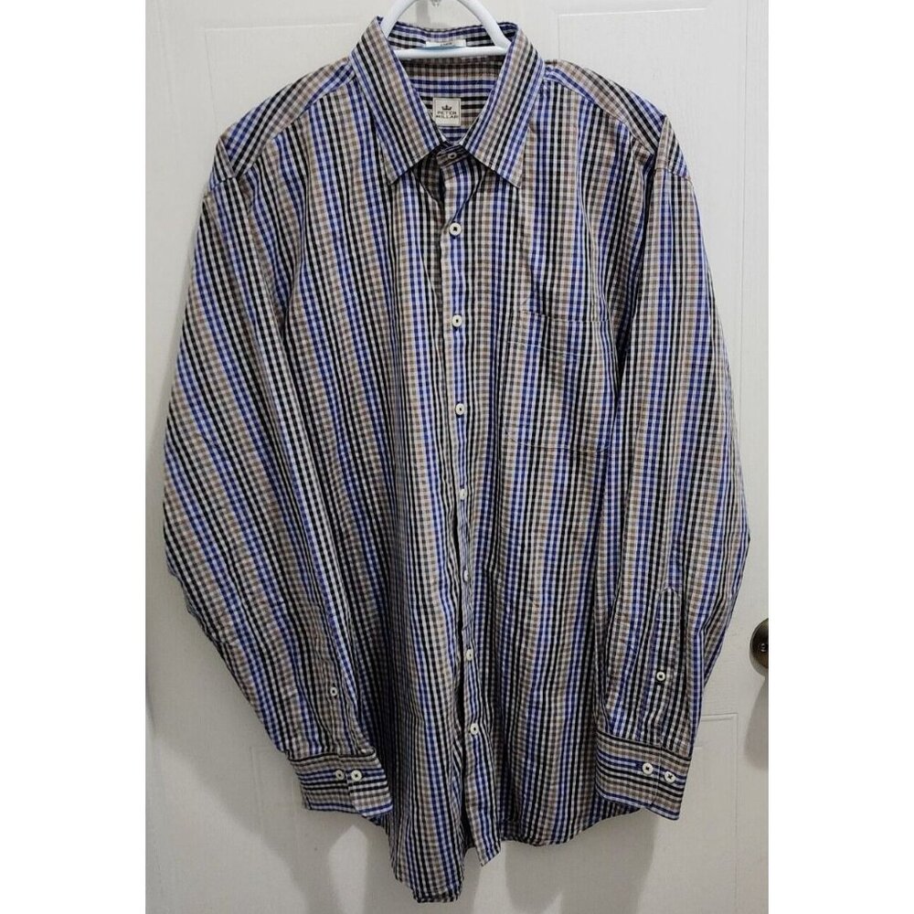 Peter Millar Blue Black Gold Gingham Plaid Button Long Sleeve Size Large Cotton